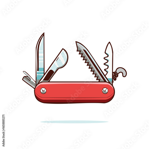 Illustration of a multi-tool with red handle, a set of different tools and stainless steel blades, for camping, or everyday carry.