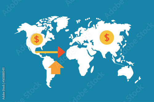 Global Financial Transactions: Conceptual representation of international financial exchange, showcasing the movement of money between continents and the dynamic nature of worldwide economics.