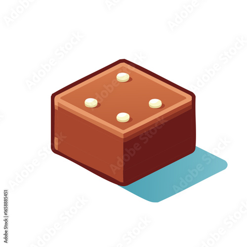 Illustrated fudge brownie square with white chocolate chips and isometric perspective