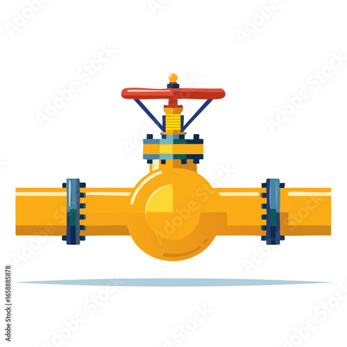 Cartoon Style Illustration Depicting Yellow Pipeline with Control Valve Connected to Red Handle Turning Mechanism