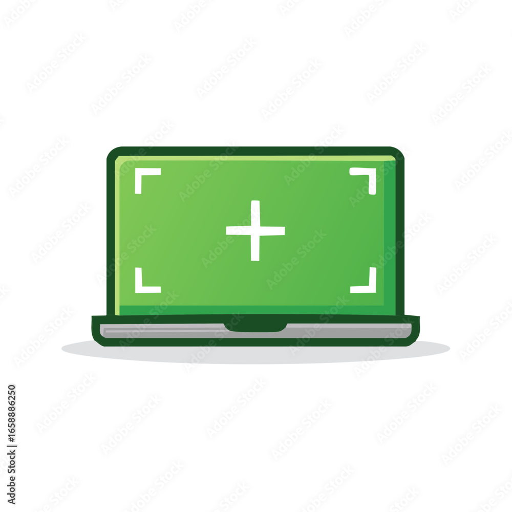Fototapeta premium Laptop Device Featuring a Green Screen with Plus Symbol and Target Markers