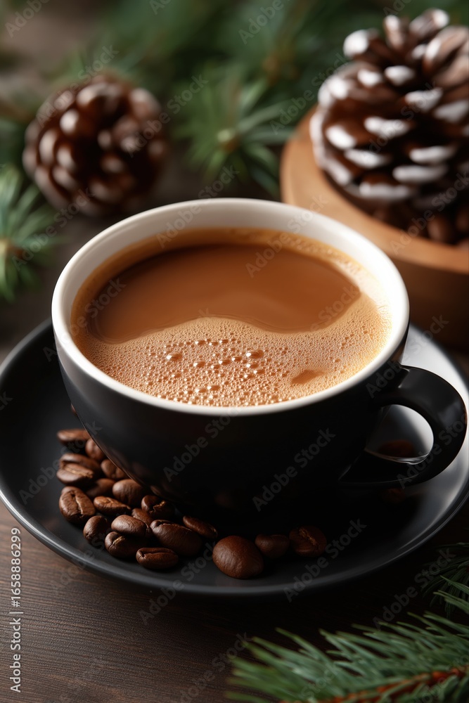 Fototapeta premium Warm cup of coffee with pine cones and coffee beans on wooden table