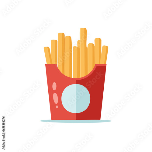 Cartoon vector illustration featuring crispy french fries in red box with spot graphic.