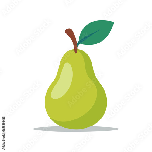 Simple Pear Illustration, One Green Fruit with Stem and Leaf Isolated