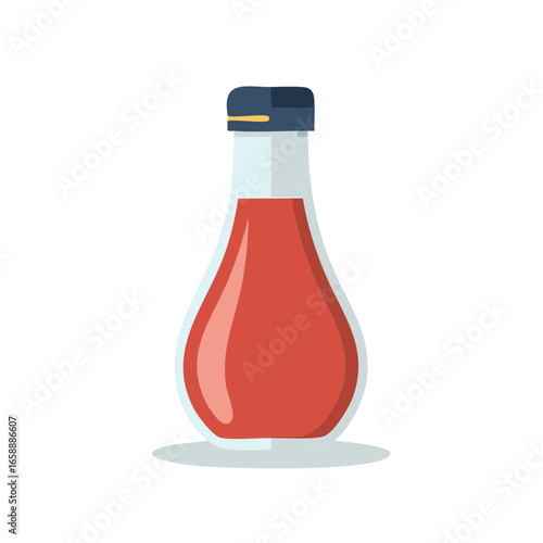 Ketchup bottle with red sauce in clear glass, condiment container, food flavoring, kitchen staple, food illustration, dining