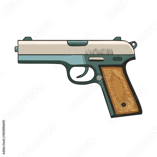 Illustration of a Handgun with a Wooden Grip, a Deadly Firearm with Metal Finish