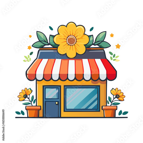 Cheerful Storefront with Striped Awning and Floral Accents Cartoon Illustration