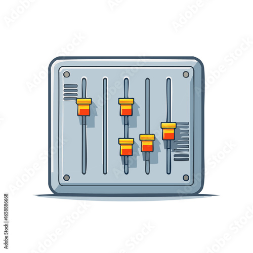 Cartoon illustration of a sound mixer with yellow and orange accents, perfect for music production and audio engineering