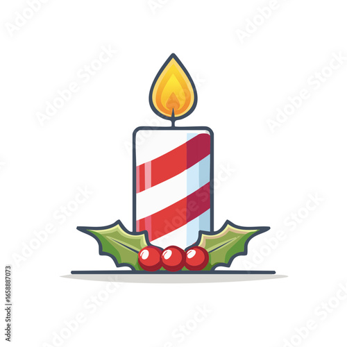 Festive striped Christmas candle with holly berry decoration for holidays