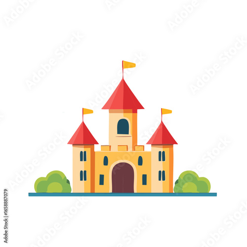 Cartoon Medieval Castle with Red Roofs and Yellow Flags surrounded by Green Bushes