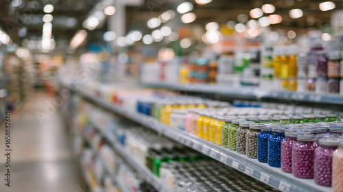 Wallpaper Mural Long rows of colorful medicine bottles neatly arranged on gleaming shelves, soft overhead lighting creating reflections and depth, conveying organized pharmaceutical storage Torontodigital.ca