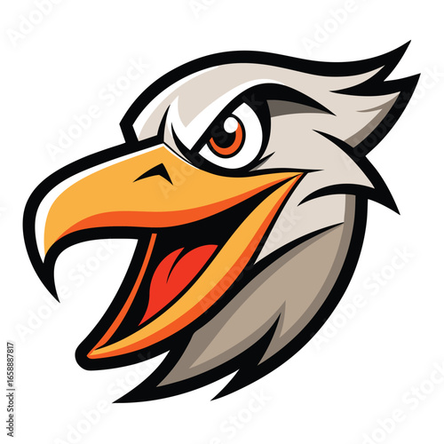 Fierce angry pelican head mascot logo design with intense squint and bold colors