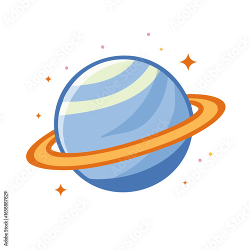 Stylized Blue Planet with Ring Cartoon Space Exploration Celestial Body Illustration