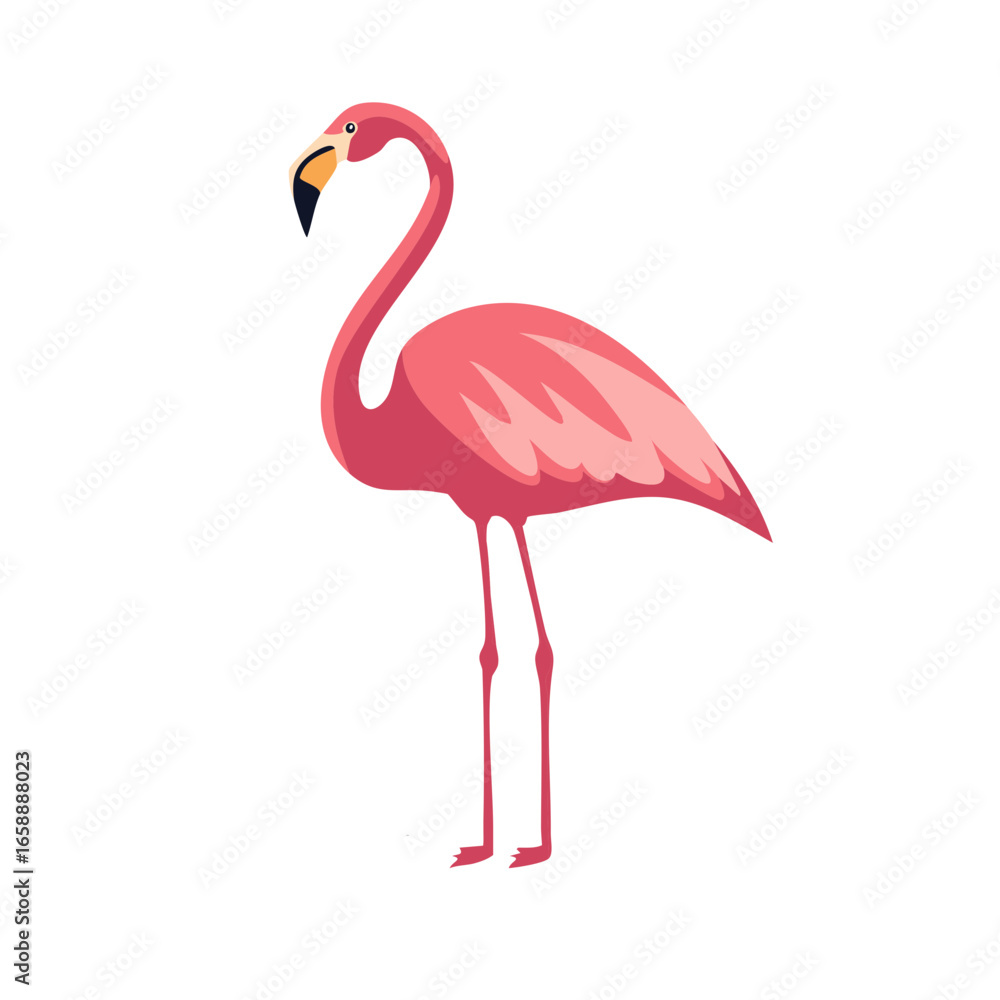 Fototapeta premium Illustrative flamingo with bright pink plumage, tall legs, and distinct bill, standing tall on a white background
