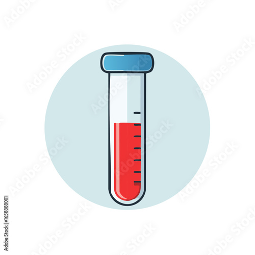Cartoon Blood Sample in Test Tube for Laboratory Diagnostic Purposes on Soft Blue Circle