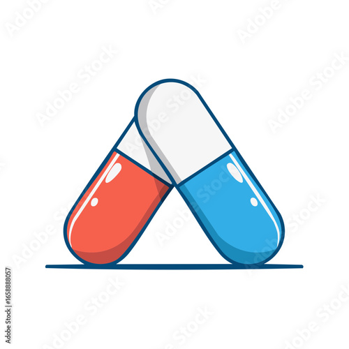 Two medicine capsules illustration, red and blue, pills lying down, healthcare remedy, medical treatment, pharmaceutical drugs