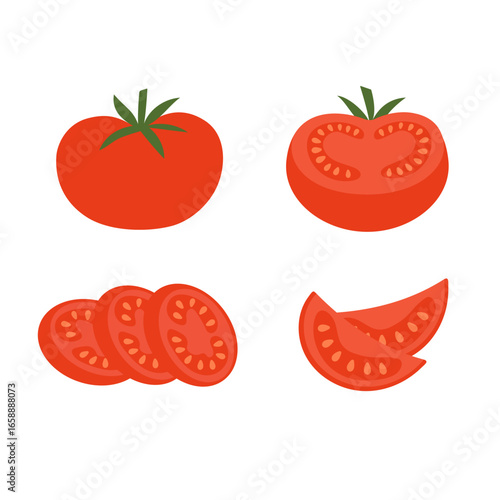 Tomato set with whole tomato, slices and cut pieces. Fresh organic vegetables for cooking, salad, healthy eating. Flat vector illustration on white.