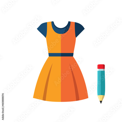 Dress design concept illustration, orange skirt with blue trim, and a blue pencil, minimalist style.