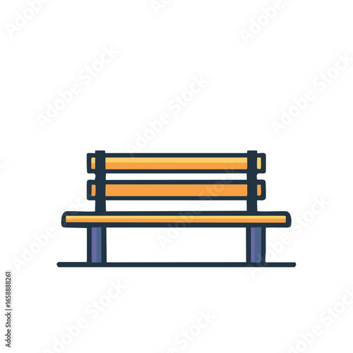 Illustration of an outdoor park bench with a wooden plank seat and backrest for public seating