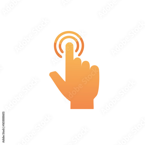 Hand touching a button, cursor interaction on screen with finger, tap concept, orange gradient, push a surface, click