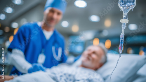 Healthcare professional in blue scrubs adjusting an IV drip beside a hospital bed, soft sterile lighting highlighting patient care and focus on recovery, background blurred to emph