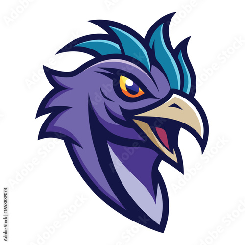 Dynamic enraged peacock head mascot logo design featuring fierce raised feathers and bold colors
