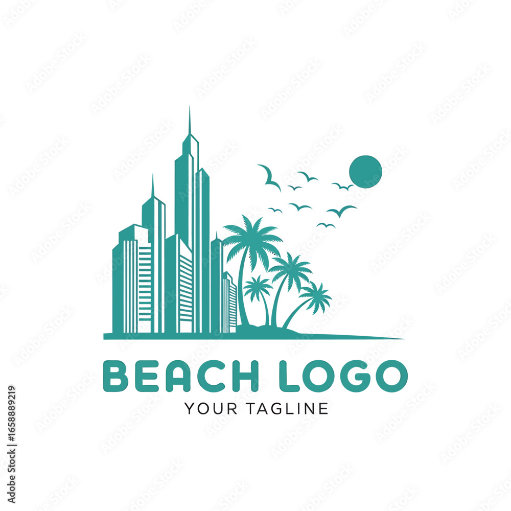 Fototapeta premium Stylized teal logo depicting a modern city skyline adjacent to a tropical beach with palm trees, flying birds, and a sun.
