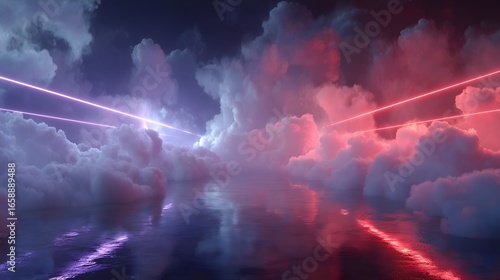 Surreal Cloudscape with Neon Lights Reflecting on Water Calm Horizon