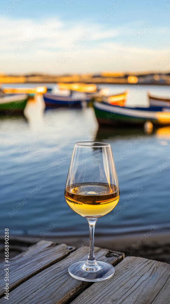 Obraz premium Wine glass on rustic table by Portuguese waterfront at sunset, perfect for relaxing winery themes and travel promotions.