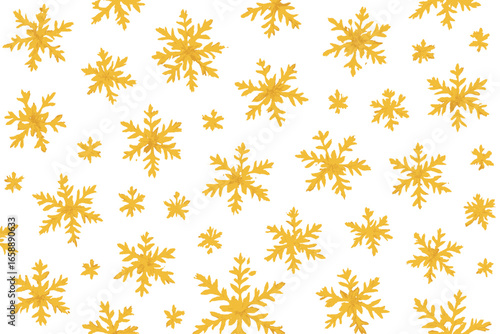 An assortment of golden snowflakes scattered randomly, each uniquely designed. The snowflakes fall gently, creating a serene and magical winter scene.