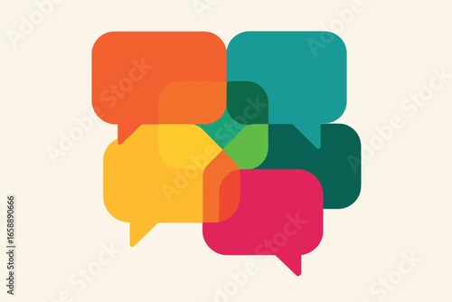 A collection of overlapping text boxes in bold hues, representing conversation and dialogue. Each box has a unique shade, creating a mosaic-like