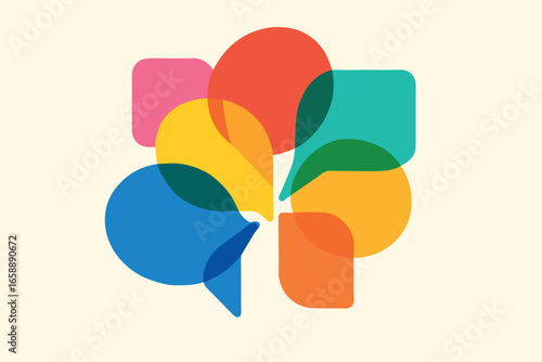 An abstract arrangement of colorful overlapping ovals and squares, representing interaction and dialogue. The composition is centered around the