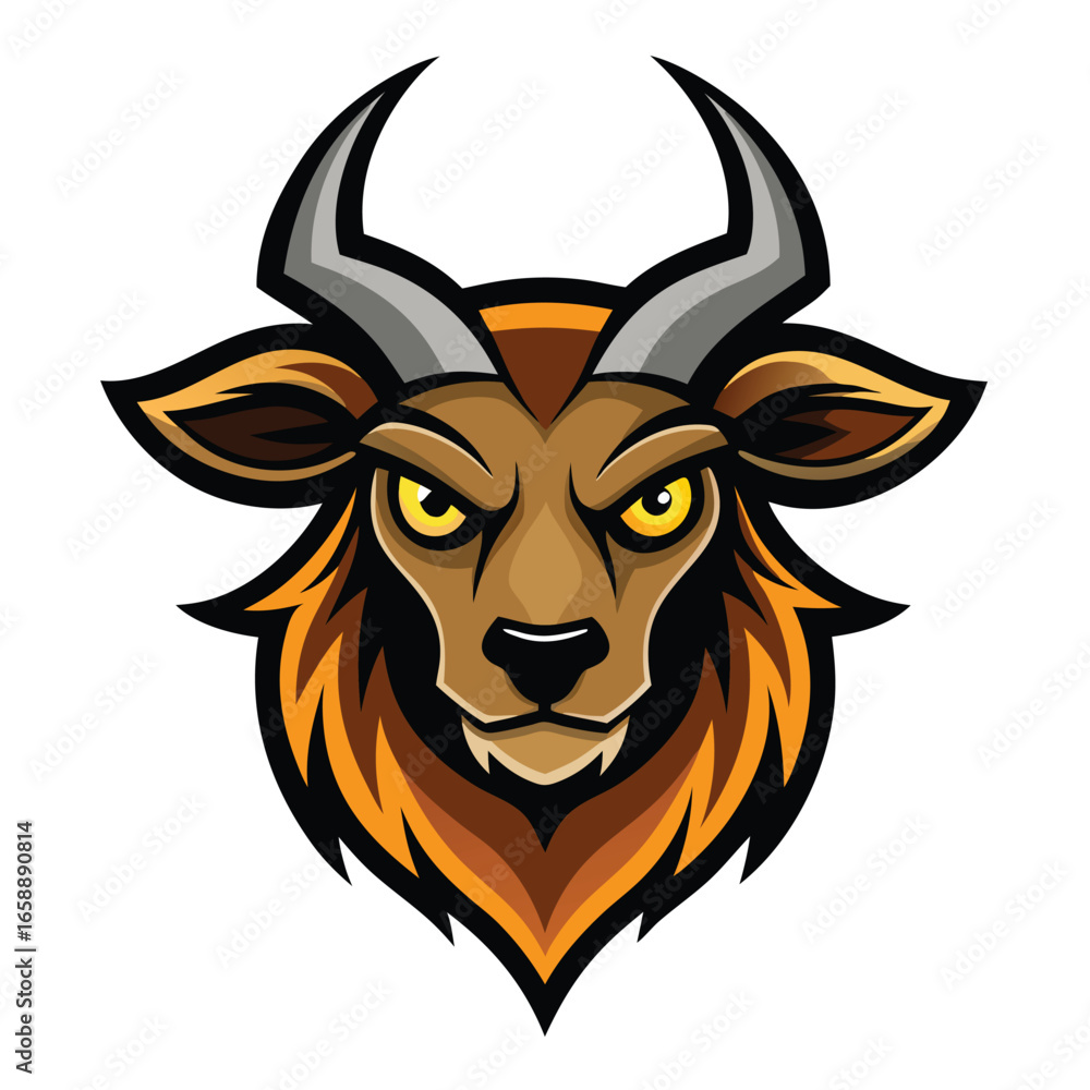 Fototapeta premium Fierce antelope head mascot logo design featuring prominent sharp horns and vibrant colors