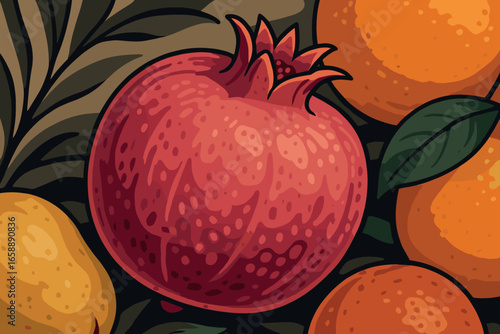 A pink pomegranate with a star-shaped crown, hinting at the juicy seeds within. Its textured surface and varying shades of pink create a dynamic