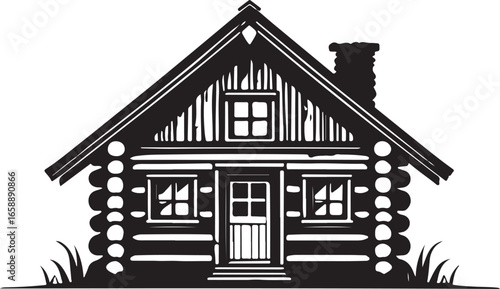 Black and white silhouette of a rustic log cabin with a chimney and grass house building