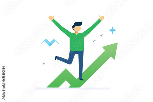 An illustration of a person celebrating success with an upward arrow, symbolizing progress and achievement. This graphic depicts a moment of triumph and forward momentum
