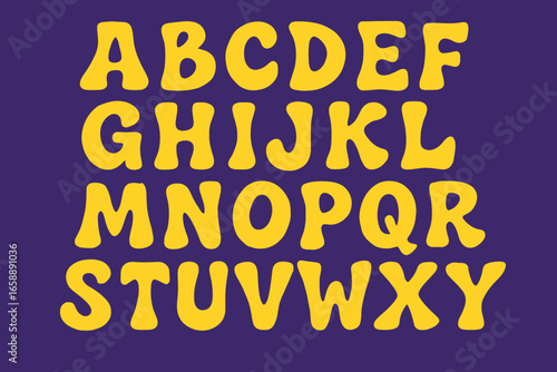 An energetic alphabet set in the same bold style, displayed in yellow on a rich purple canvas. Each letter has a distinct, playful form, emphasizing