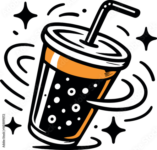 An energetic depiction of a fizzy soda cup with a straw, surrounded by swirling lines and stars. The cup tilts slightly, suggesting movement and