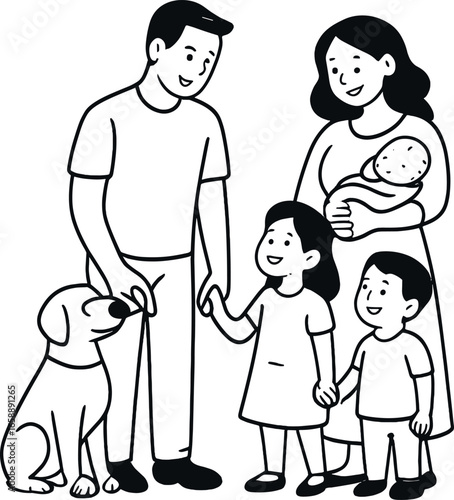 A family of five stands together, each person interacting warmly. The father holds his daughter's hand, while the mother cradles a baby. A dog sits