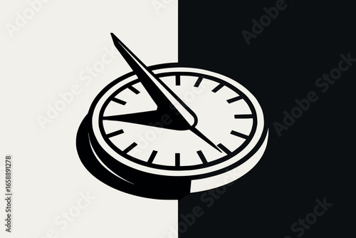 A sundial icon casting a shadow on its surface, symbolizing ancient timekeeping methods. The sundial is centered on a split black and white background