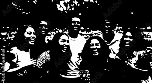 A joyful group of diverse friends laughing together in a highcontrast graphic style.