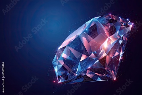 Futuristic gemstone, dark blue background, glowing, digital art, website header