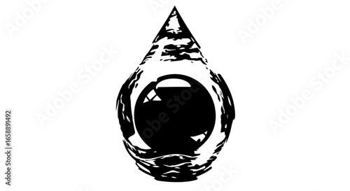 Abstract black teardrop illustration with a central glossy orb and organic flowing texture.