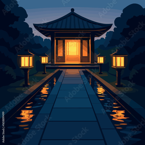 A serene water feature flanks the pathway to the pavilion, its surface mirroring the golden glow of the lanterns. Soft ripples create a dynamic