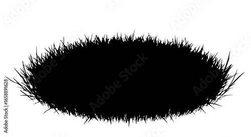 Black oval silhouette with a rough grassy texture and spiky irregular edges.