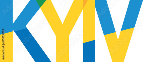 A series of bold letters spelling 'KYIV' in a modern style, using overlapping colors of blue and yellow. The transparent effect creates depth, with