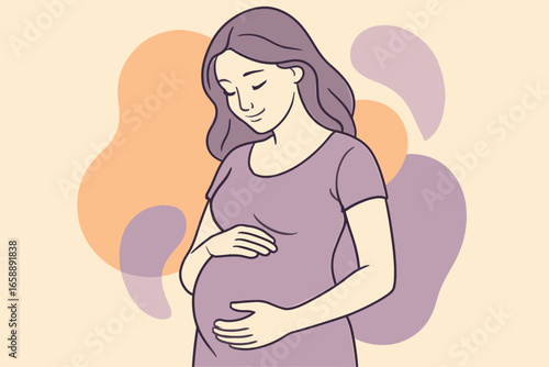 An expectant mother gazes down with a soft smile, her hands tenderly holding her belly. Surrounding her are abstract pastel shapes that enhance the