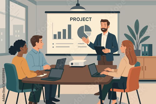 In a bustling office, a team leader presents a project to colleagues, using a projector to display slides. The room is filled with attentive listeners