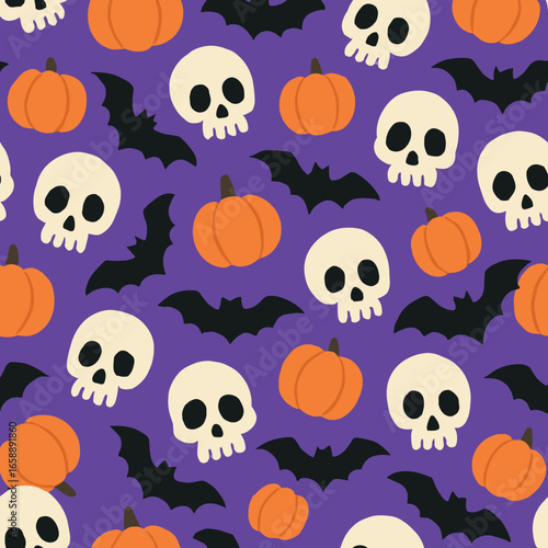White skulls with hollow eyes and noses are scattered randomly on a purple canvas, creating a spooky yet charming Halloween pattern. These skulls are