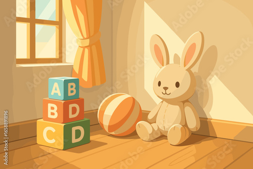 A corner of the room features a stack of alphabet blocks and a plush rabbit toy, sitting beside a striped ball. This playful arrangement is bathed in